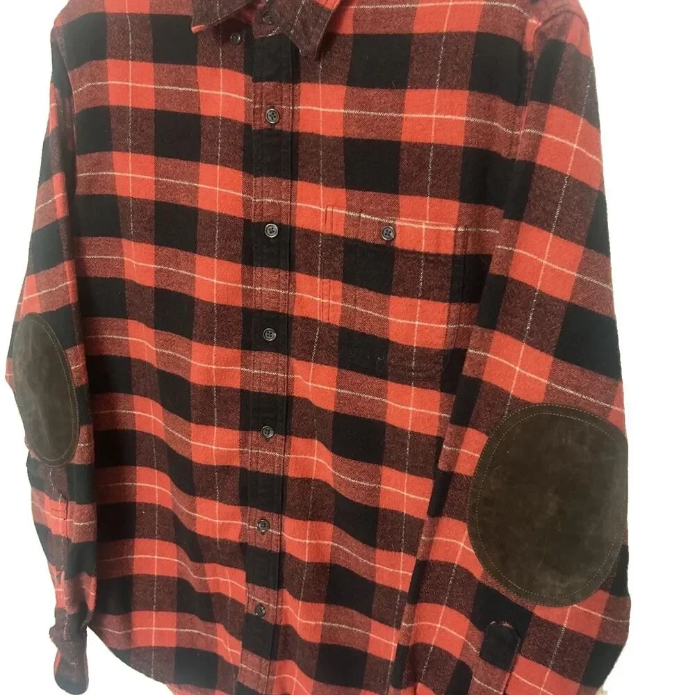 J Crew Flannel Shirt Mens M Wool Cotton Elbow Patch Button Down Red Black Shirt